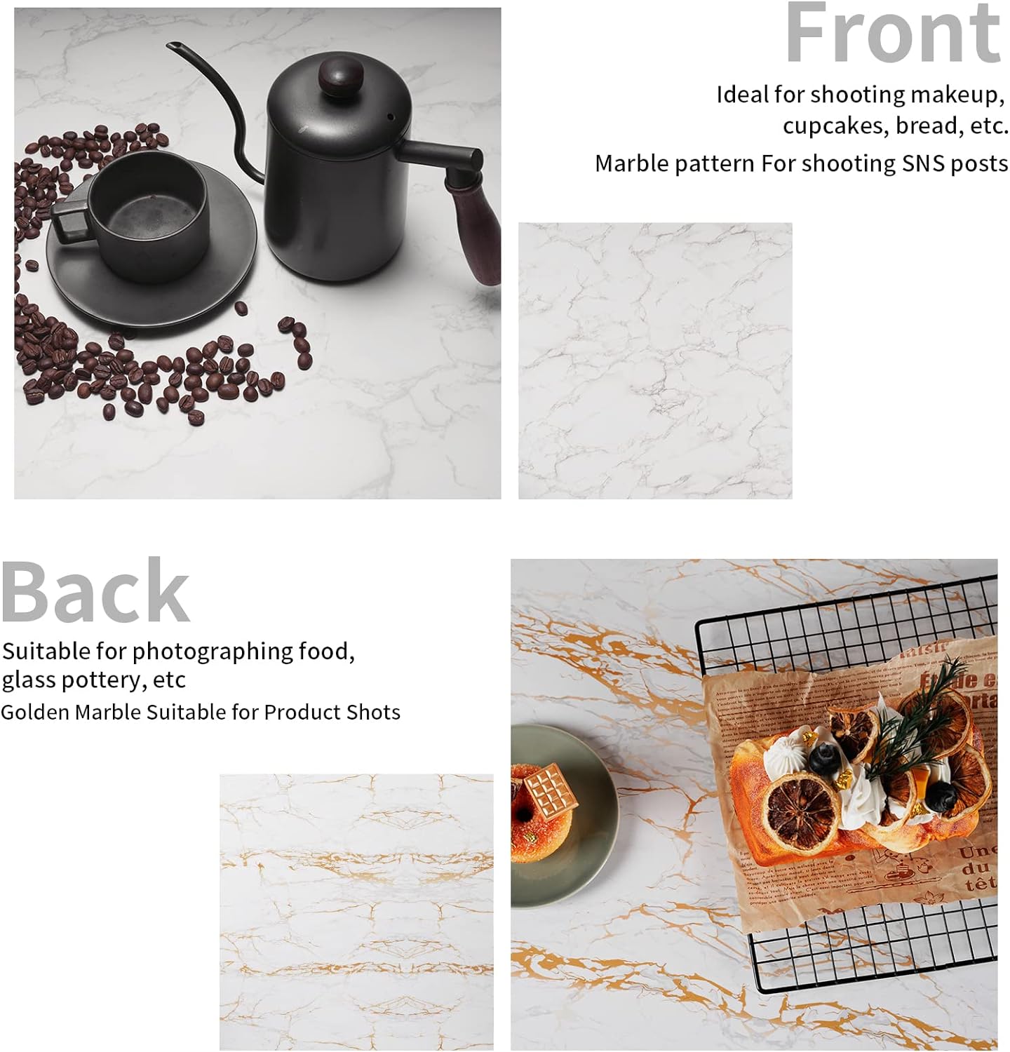 2 Pcs 1.8 Ft/55cm Photo Backdrop Boards, 2 in 1 Marble & Wood Texture Realistic Surface Background for Flat Lay Food, Tabletop Product Photography - 4 Patterns