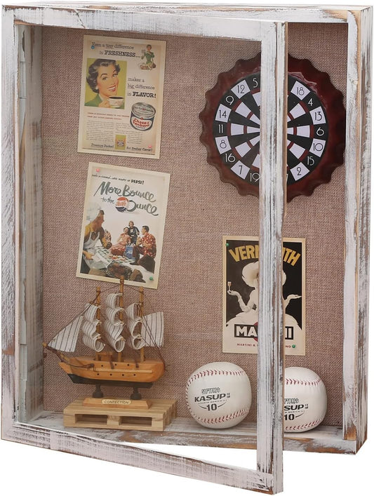 16x20 Shadow Box, 4 Inch Depth Extra Large Shadow Box Frame with Glass, Big Display Cases for Memorabilia, Photos, Award, Flower, Ticket Stub - Distressed White